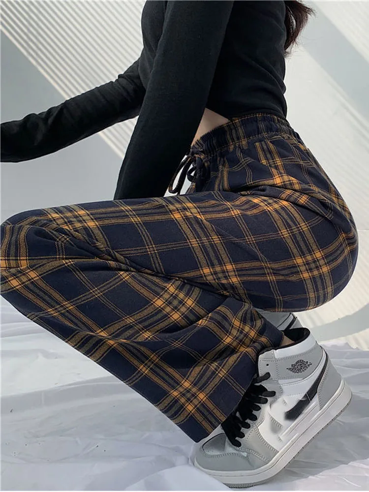 Top Trends: HOUZHOU Vintage Plaid Pants Women Baggy Basic Wide Leg Trousers Female Casual Korean Fashion Harajuku Loose Sweatpant All-match Shoppable Styles