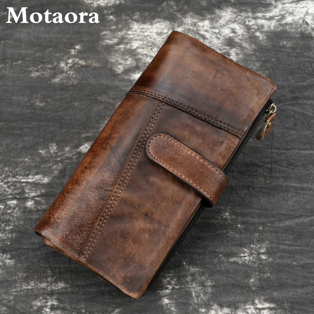 Top Trends: Motaora Vintage Cowhide Purse Oil Wax Skin Long Wallet For Male Genuine Leather Notecase For Ladies Multi-card Splicing Wallet Shoppable Styles