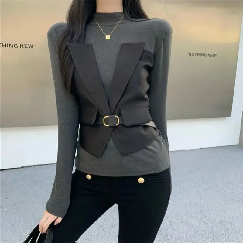 Top Trends: Fashion Stand Collar All-match Fake Two Piece Blouse Women's Clothing 2023 Autumn Winter New Casual Tops Commute Shirt Shoppable Styles