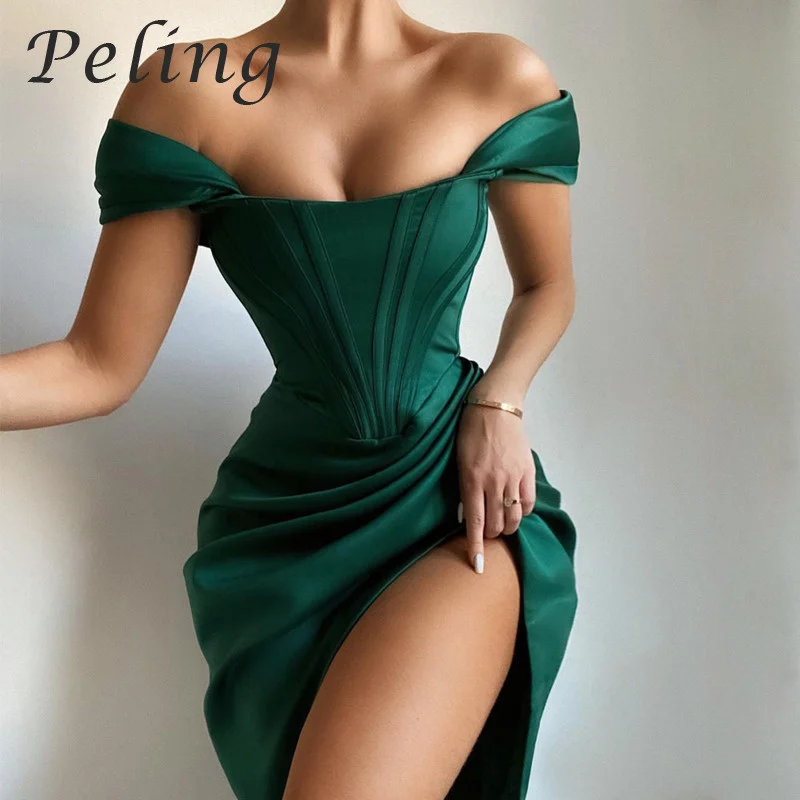 Top Trends: Peling Fashion Evening Dress For Women Off Shoulder Sexy Party Club Dress Split Ruched Bodycon Autumn Robe Wedding Dress Vestido Shoppable Styles