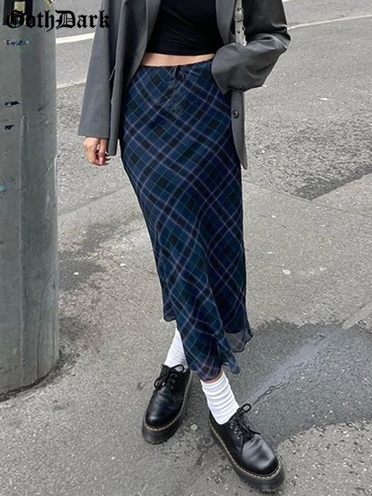 Top Trends: Goth Dark Argyle Plaid Y2k Fashion Midi Skirts Gothic High Waist Slim Tie Up Casual Long Skirt Women Grunge Mesh Sexy Streetwear Shoppable Styles