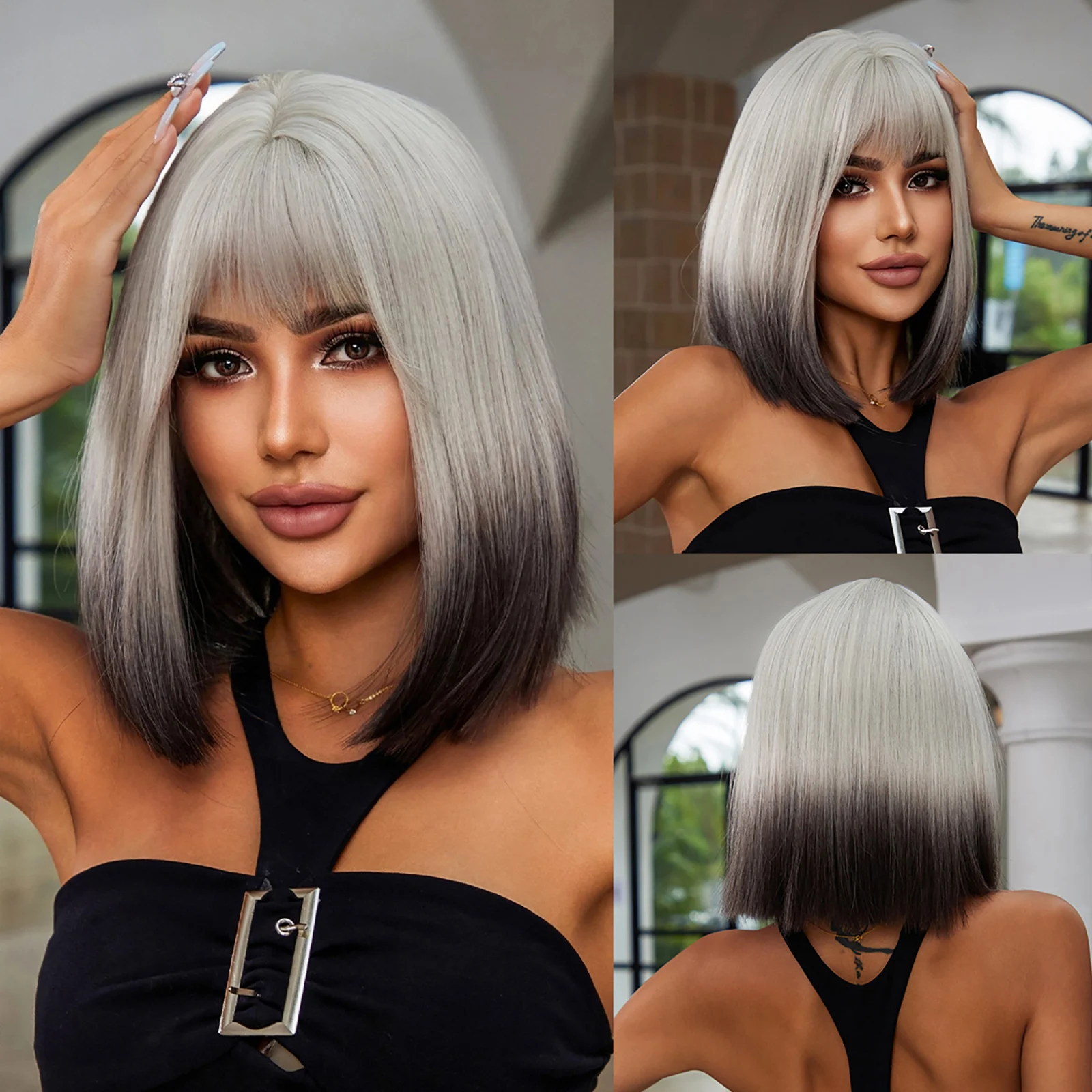 Top Trends: LOUIS FERRE Medium Length Straight Synthetic Wigs For Women White To Dark Brown Bob Wigs With Bangs Daily Cosplay Heat Resistant Shoppable Styles