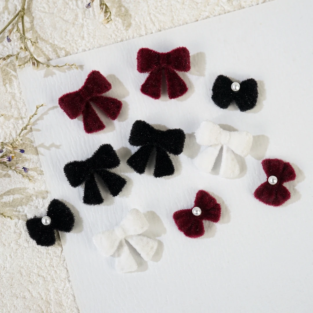 Top Trends: Bowknot Fluffy Flocked Nail Art Bow Charms DIY Decorations Design Pearl Parts Red Rhinestone Cute Manicure Supplies Winter Shoppable Styles