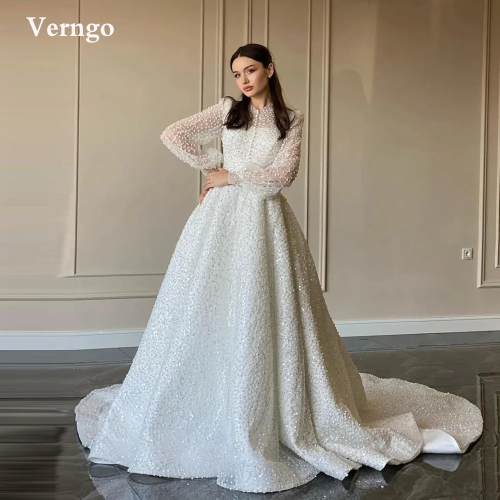 Top Trends: Verngo Glitter A Line Puff Long Sleeves Wedding Dresses Modest High Neck Buttons Front Sweep Train Dubai Women Bridal Gowns Shoppable Styles