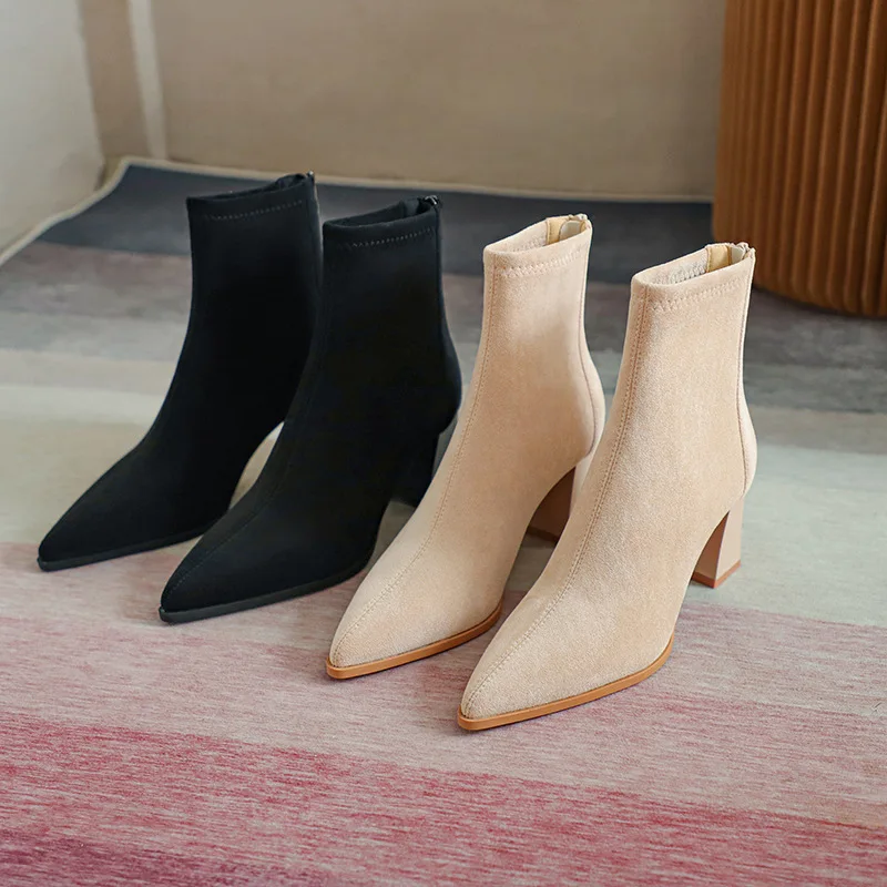 Top Trends: Women Heels Short Boots Pointed Toe Autumn Winter Boots For Women Suede Plush Ladies Shoes Square Heel Ankle Booties Female Shoppable Styles