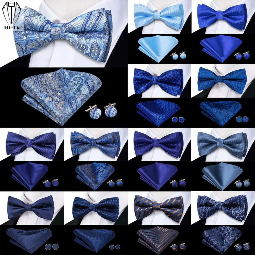 Top Trends: Hi-Tie Navy Royal Sky Blue Silk Mens Bow Tie Hankerchief Cufflinks Set Pre-tied Butterfly Knot Bowtie For Male Wedding Business Shoppable Styles