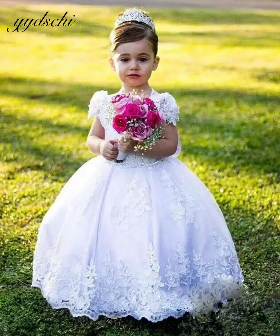 Top Trends: Elegant White Flower Girl For Wedding Dresses 2023 Lace Appliques Sleeveless Princess Fluffy First Communion Party Gown With Bow Shoppable Styles