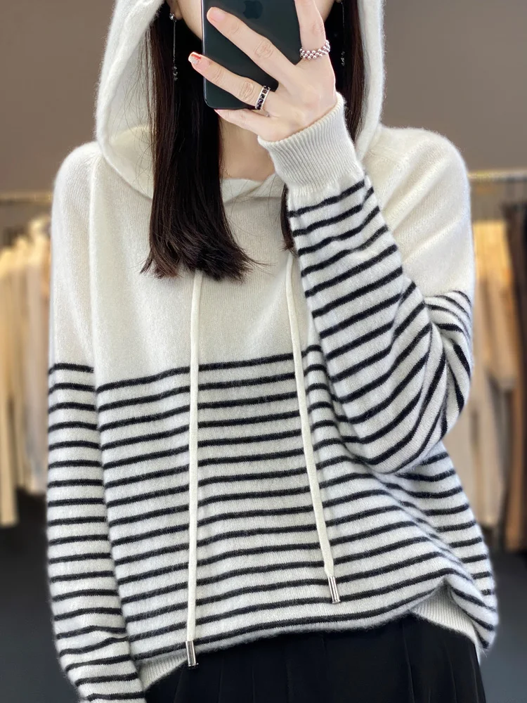 Top Trends: Women's Hoodies 100% Merino Wool Sweater Striped Long Sleeve Casual Loose Pullover Cashmere Knitwears Korean Fashion New Knit Shoppable Styles