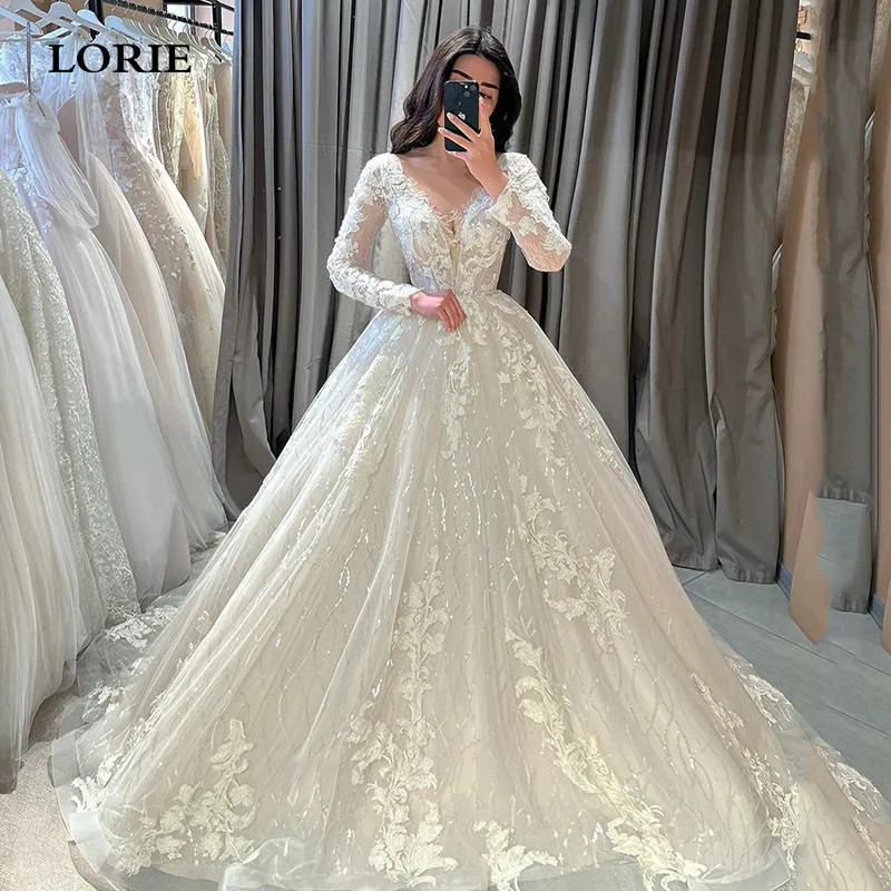 Top Trends: LORIE V Neck Princess Wedding Dresses A Line Long Sleeve Appliqued Lace Bride Dress Elegant Shiny Modest Bride Wedding Gowns Shoppable Styles