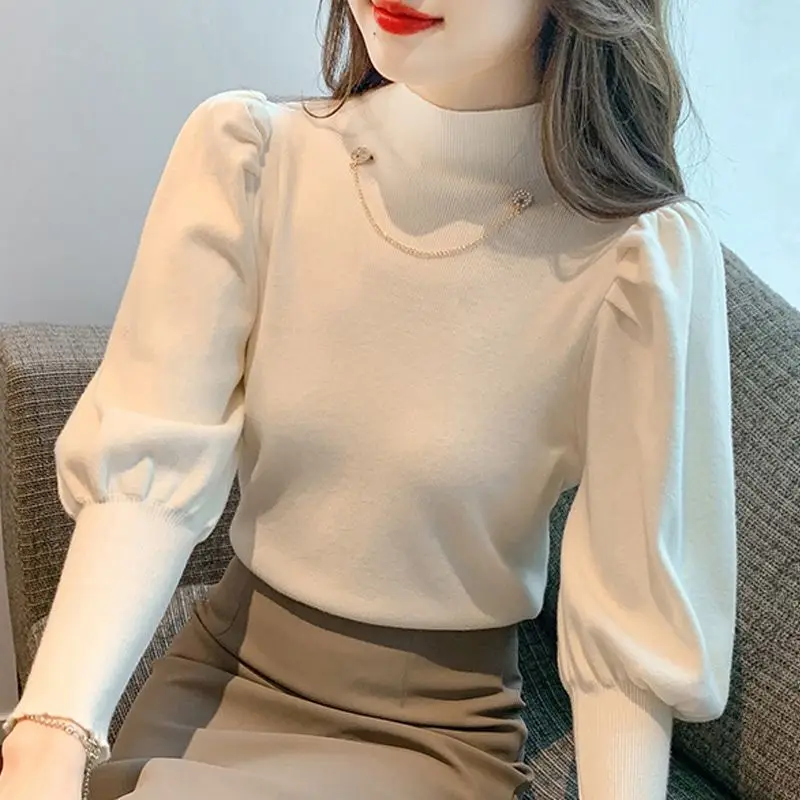 Top Trends: 2023 New Women&#039;s Clothing Solid Color Knitted Coat Autumn Winter Half High Collar Long Sleeve Puff Sleeve Slim Tops Shoppable Styles