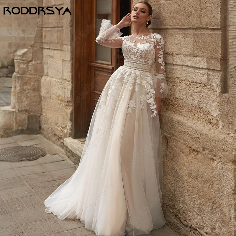 Top Trends: RODDRSYA Boho Long Sleeves Wedding Dresses Lace Floral Scoop Neck Vestido Blanco Boda Civil Illusion Buttons Back Bridal Gowns Shoppable Styles