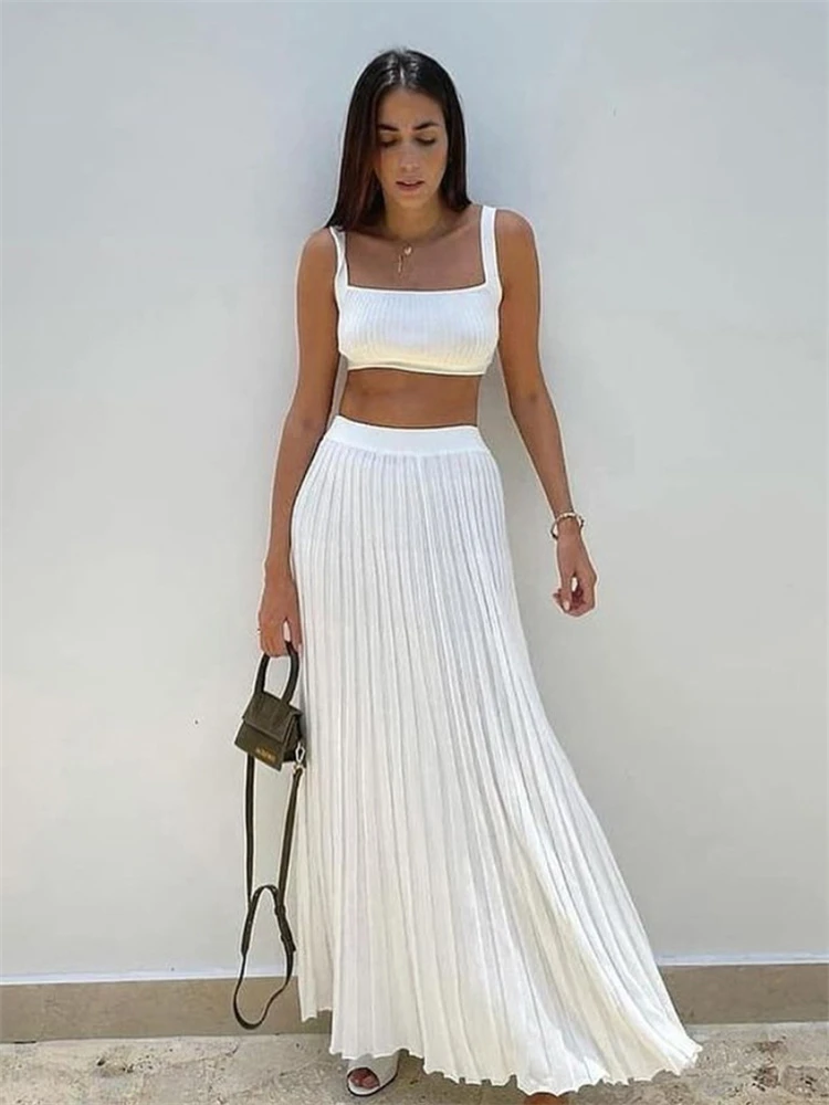 Top Trends: Tossy New White Knit Two Piece Women Sets Fall Ribbed Tank Top And Pleated Knitted Skirt Suits For Women Long Dress Sets Summer Shoppable Styles