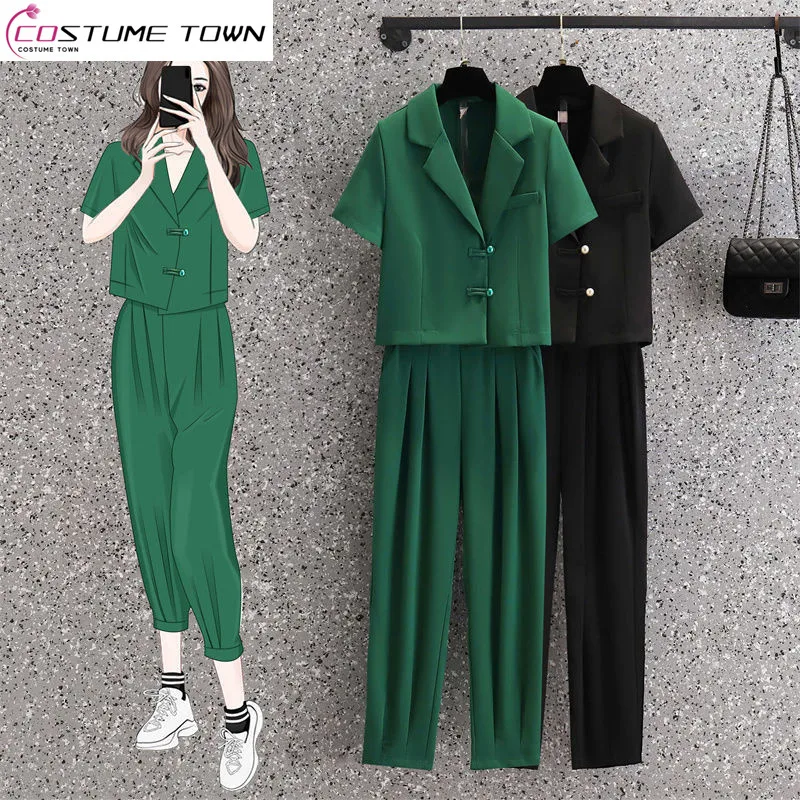 Top Trends: 2023 Summer Vintage Chinese Style Short-sleeved Jacket Blazer Casual Pants Two-piece Elegant Women&#039;s Pants Suit Office Outfits Shoppable Styles