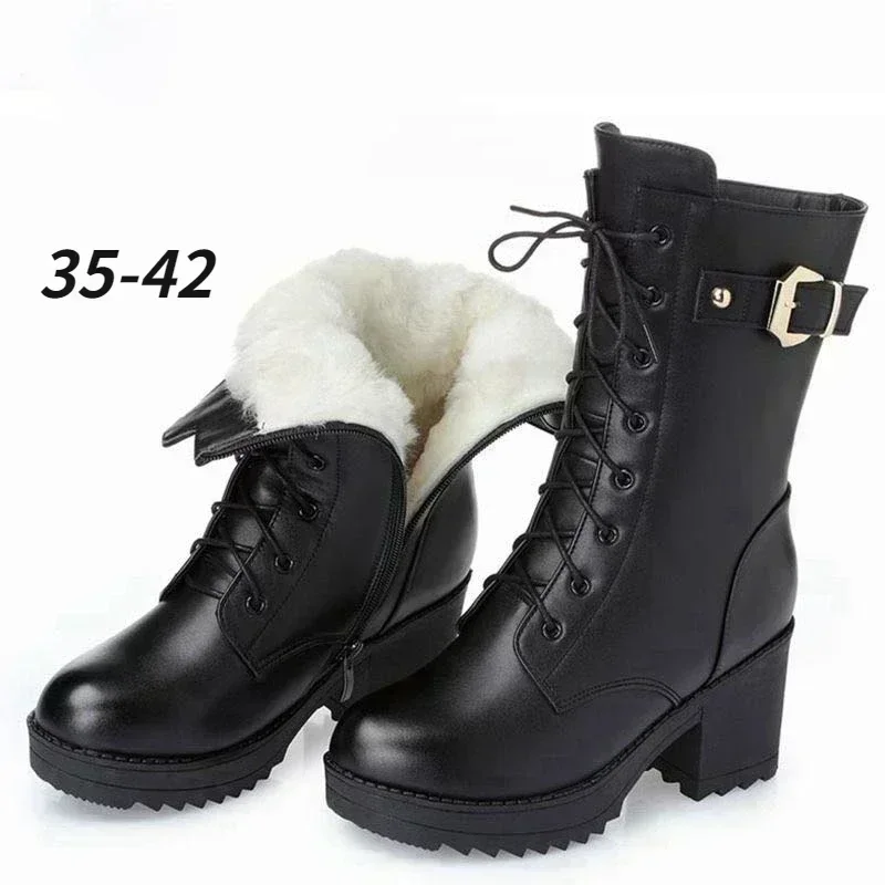 Top Trends: 2023 Winter Leather Women Winter Boots Thick Wool Warm Women High-heeled Genuine Boot High-quality Female Snow Boots Women Shoes Shoppable Styles