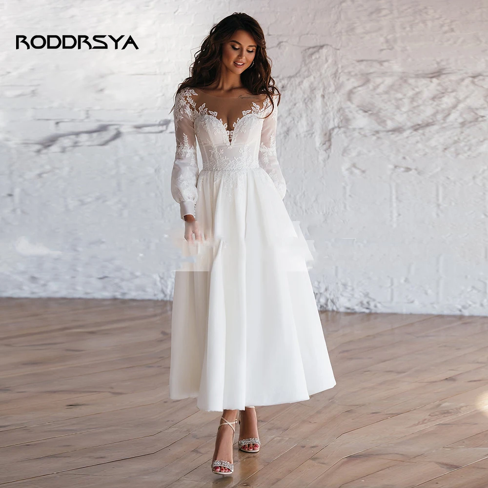 Top Trends: RODDRSYA Vintage Beach Short Wedding Dress For Woman Elegant Long Sleeves Scoop-Neck Bridal Gown Civil A-line Robe De Mariee Shoppable Styles - Image 3