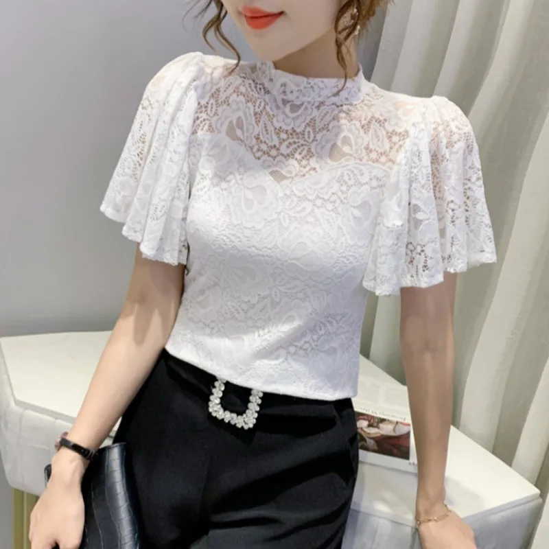 Top Trends: #7237 Black White Pink Lace T Shirt Women Stand Collar Perspective Women's T-shirt Flare Sleeve Women's Tee Shirt Sexy Summer Shoppable Styles - Image 3