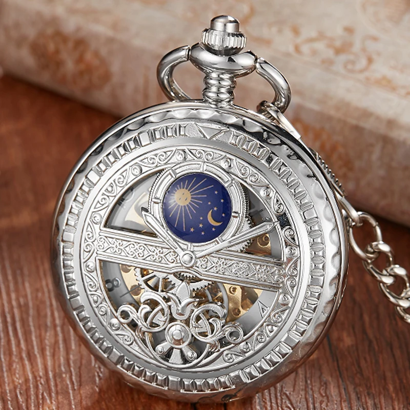 Top Trends: Hand-WInd Mechanical Pocket Watch Vintage Hollow Blue Moon Star Steampunk Skeleton Watch Roman Numerals Clock With Fob Chain Shoppable Styles - Image 5