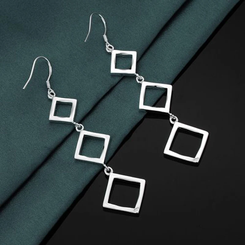 Top Trends: Fashion 925 Sterling Silver Square Rhombus Long Earrings For Women Luxury Designer Jewelry Party Wedding Accessories Gifts Shoppable Styles