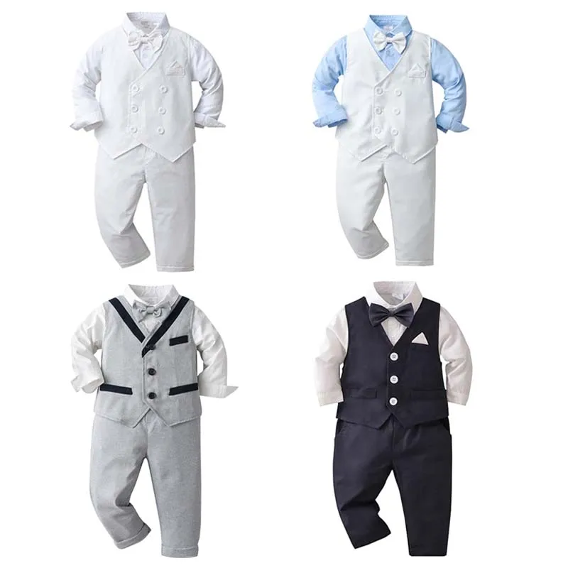 Top Trends: Baby Boy White Gentleman Clothing Suit Infant Long T-Shirt+ Vest+ Pants Christening Outfit Bebe Kids England Baptism Clothes Set Shoppable Styles