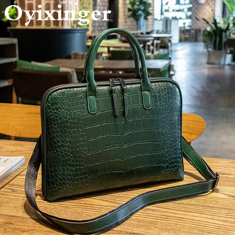 Top Trends: OYIXINGER Genuine Leather Women Briefcase Luxury Office Laptop Bag For 14&quot; 15&#039;&#039; Macbook Hp Dell Crocodile Pattern Female Handbag Shoppable Styles