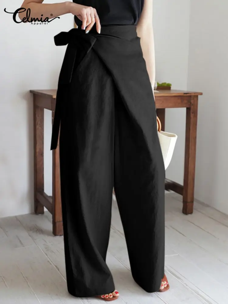 Top Trends: Celmia Bandage High Waist Pants Cotton Linen Autumn 2023 Asymmetrical Women Long Trousers Leisure Casual Simple Wide Leg Pant Shoppable Styles