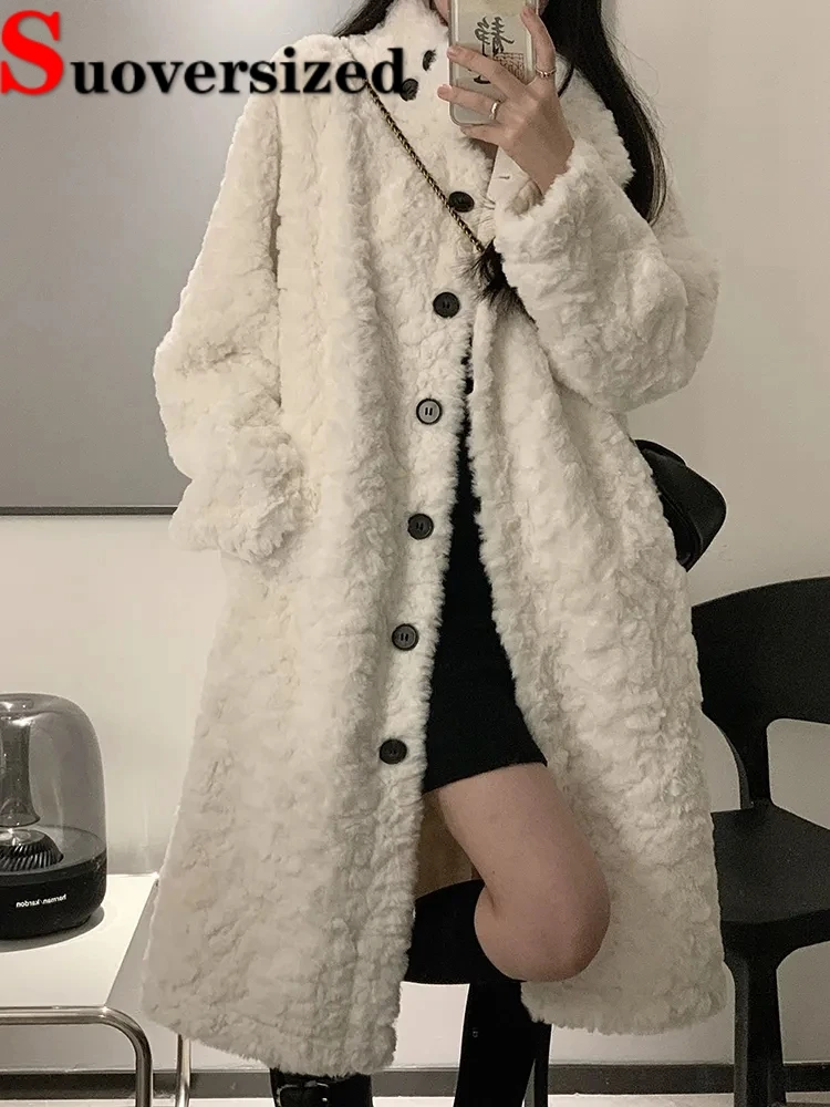 Top Trends: Warm Winter Lambwool Faux Fur Jackets Thicken Loose Mid-length Coats Korean Women Luxury Furry Overcoat Stand Collar Chaquetas Shoppable Styles