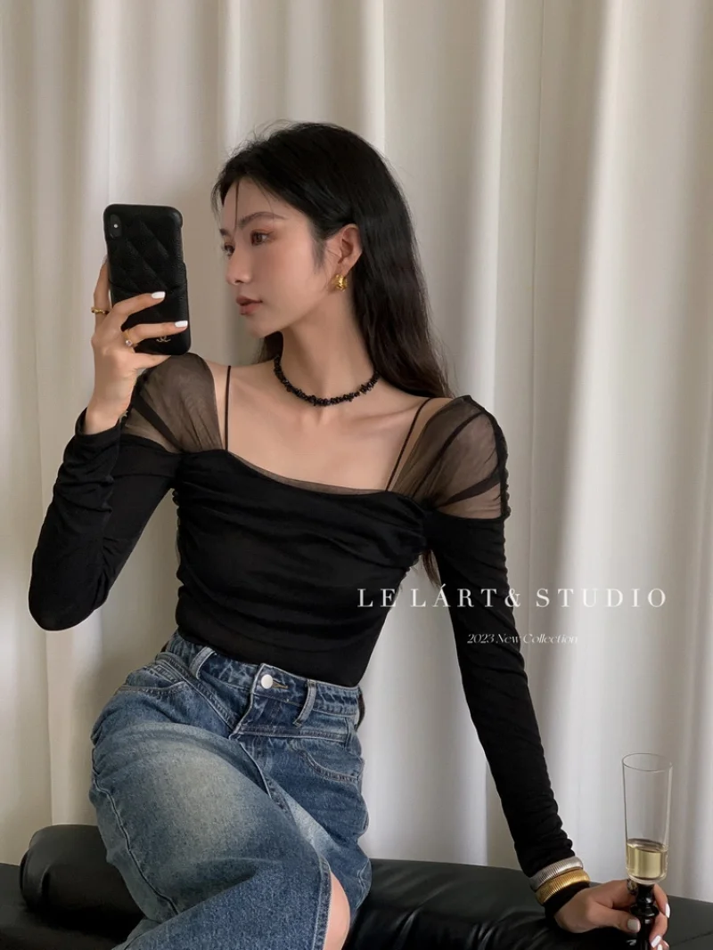 Top Trends: Spring French Pure Desire To Splice Mesh Yarn One-line Shoulder Clothes Women's Suspender Slim Slim Off-the-shoulder Small Shirt Shoppable Styles - Image 4