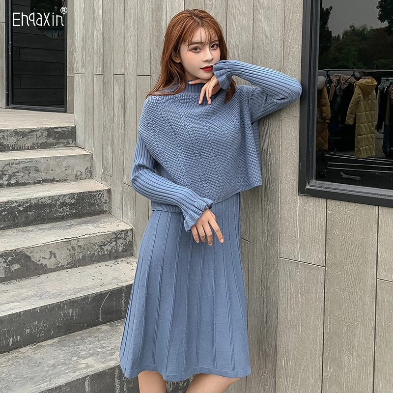 Top Trends: EHQAXIN 2023 Autumn Winter Knitted 2 Piece Set Women Long Sleeve Half High Collar Pullover Sweater + Ladies Knitting Skirt Suit Shoppable Styles