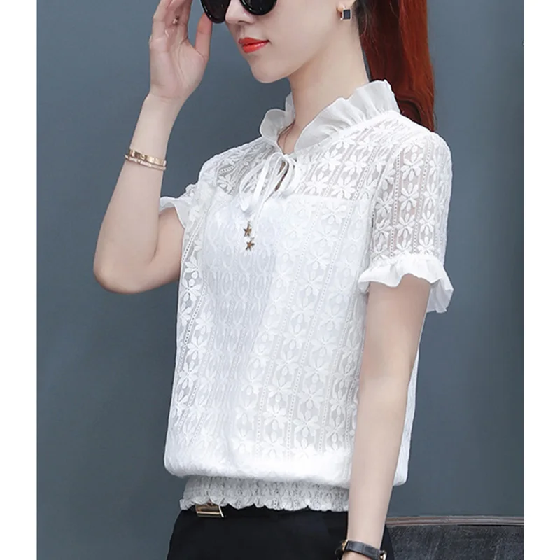 Top Trends: Elegant Lace Spliced Shirring Lace Up Bow Ruffles Blouse Female Clothing 2023 New Casual Pullovers Tops Office Lady Shirt Shoppable Styles