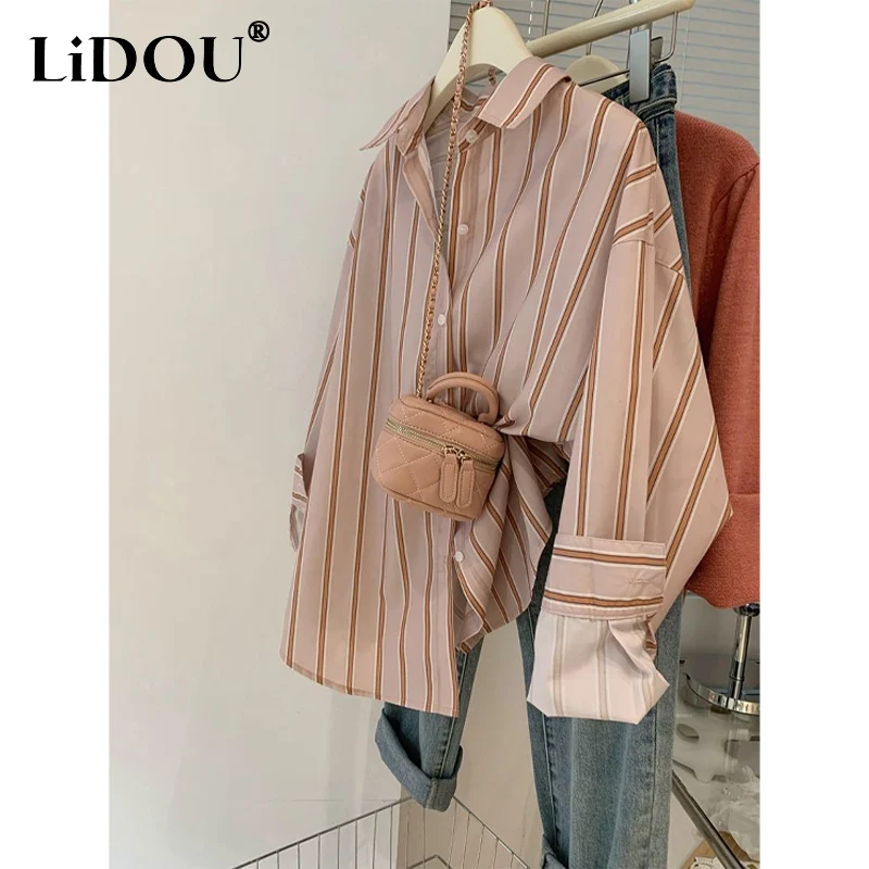 Top Trends: 2023 Spring New POLO Collar Long Sleeve Shirt Women Vertical Stripe Single Breasted Cardigan Female Fashion Loose All-match Tops Shoppable Styles