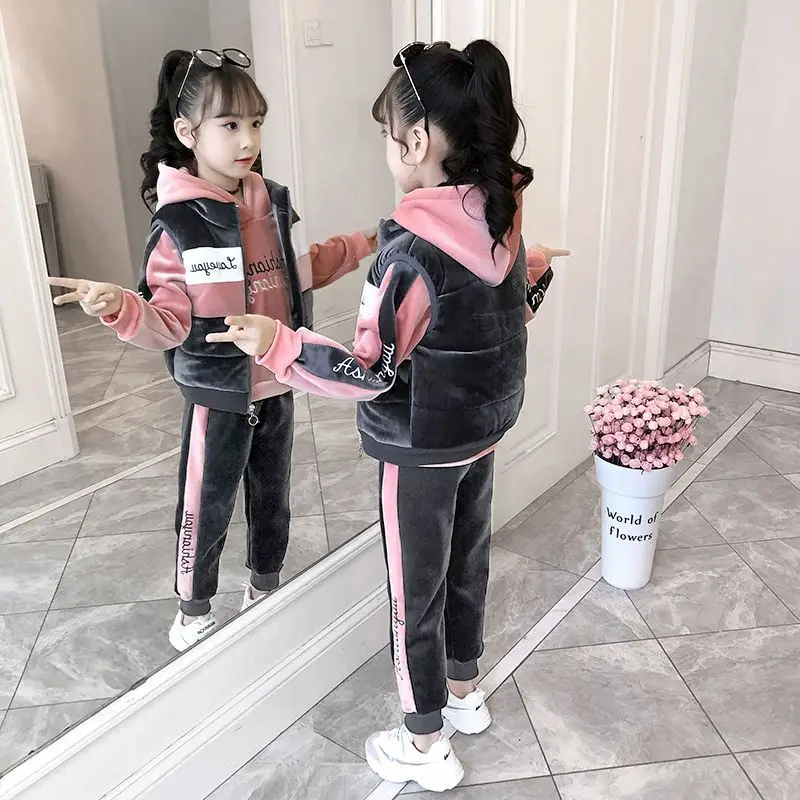 Top Trends: 3PCS New Kids Clothes Suit Girls Winter Clothing Fashion Casual Big Children Letter Jacket + Leggings Three-piece Set 2-12 Years Shoppable Styles