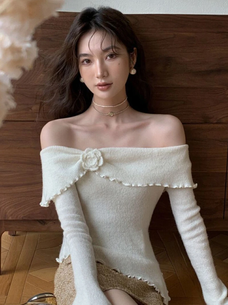 Top Trends: Deeptown Korean Fashion Off Shoulder Sweater Women Fairycore Aesthetic Knitted Jumper Mujer Chic Elegant Long Sleeve Top Spring Shoppable Styles