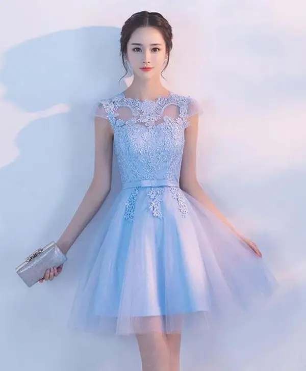 Top Trends: Sweet Lace Homecoming Dresses Sheer Short Sleeve Jewel Light Sky Blue Mini Prom Graduation Dress Juniors Party Gowns For Evening Shoppable Styles - Image 4