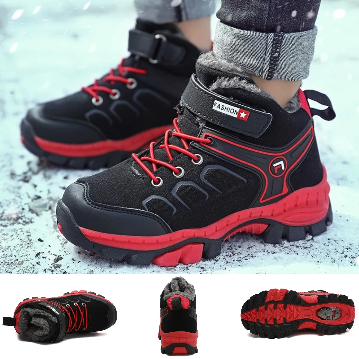 Top Trends: High-top Kids Hiking Boots Warm Plus Fur Winter Boots Non-slip Claw Boys Girls Basket Sneakers Teenager Waterproof Snow Boots Shoppable Styles