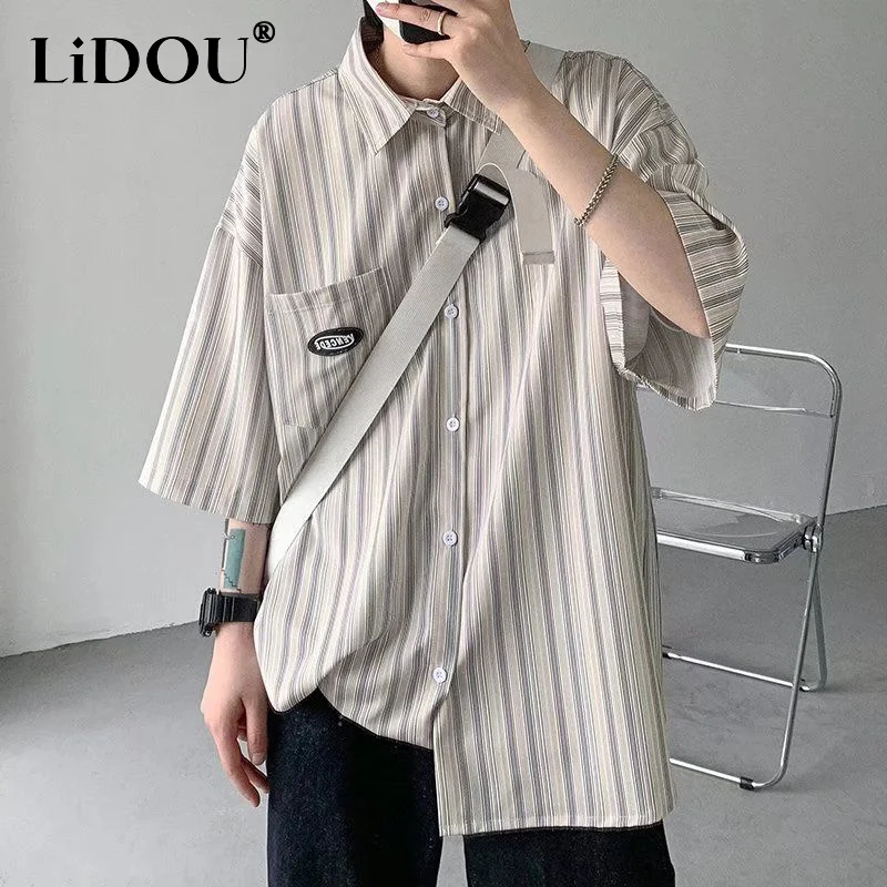 Top Trends: Summer Loose Casual Turn-down Collar Shirt Man Striped Single Breasted Pocket High Street Out Streetwear Male Temperament Tops Shoppable Styles