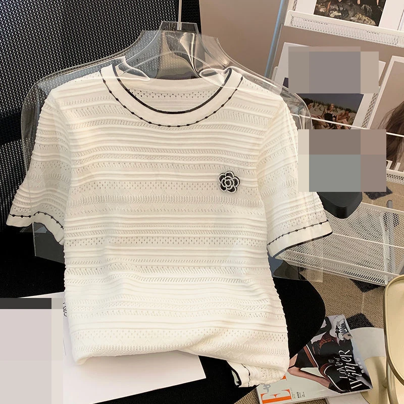 Top Trends: Short Sleeved Top Women's 2022 New White T-shirt Loose Short Round Silk Sweater Oversized T Shirt Polyester Casual Tops Shoppable Styles