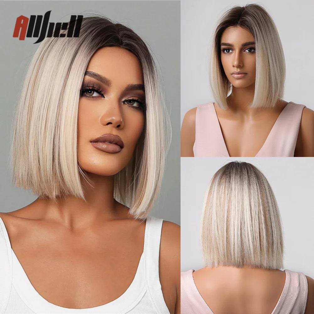 Top Trends: Ombre Brown Platinum Blonde Synthetic Wigs Short Straight Bob Wigs For Black Women Daily Natural Heat Resistant Hair Cosplay Shoppable Styles