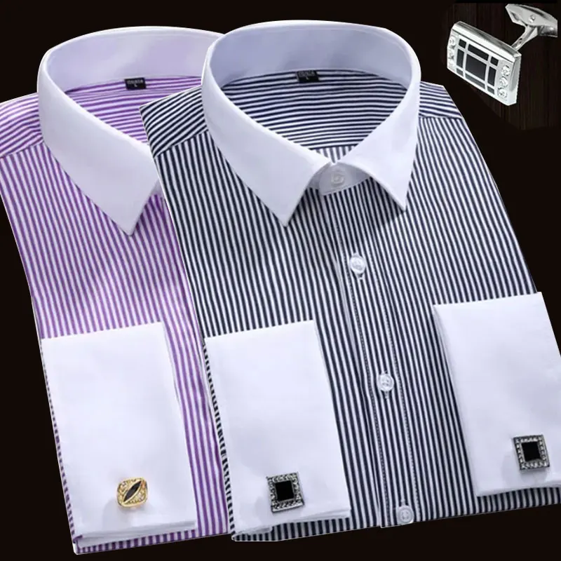 Top Trends: 6XL Men's Shirt Autumn And Winter Luxury Wrinkle Resistant Slim Fitting Solid Stripe Comfort New French Cufflinks Non Iron Nail Shoppable Styles