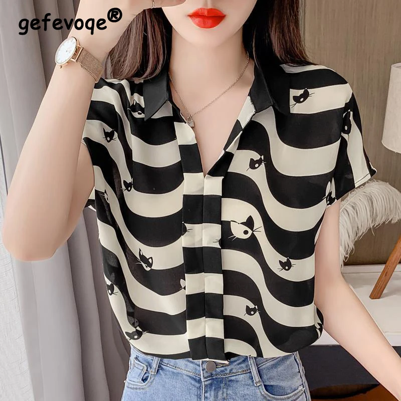 Top Trends: Striped Chiffon Vintage Shirts Women Summer 2022 New Fashion Office Lady Commuter Loose Tops Short Sleeve Elegant Blouse Female Shoppable Styles