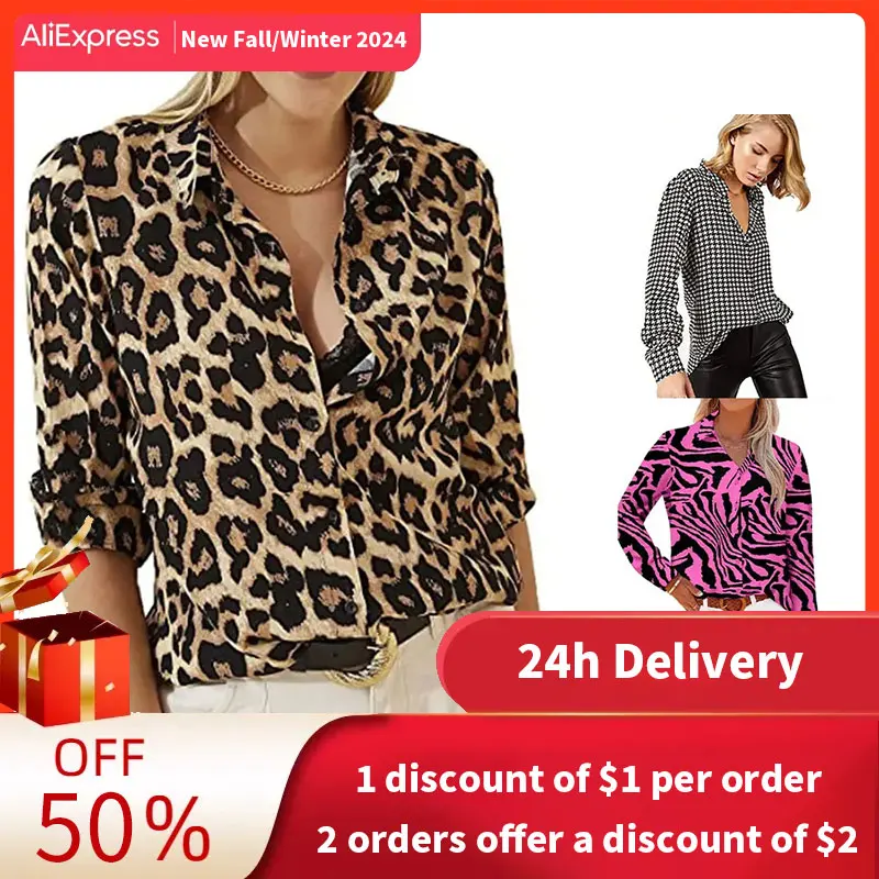 Top Trends: 2023 Sexy Leopard Print Woman Blouse Casual Long-sleeved Button-up Tops Oversized Loose Fashion Suit Lapel Shirt Shoppable Styles