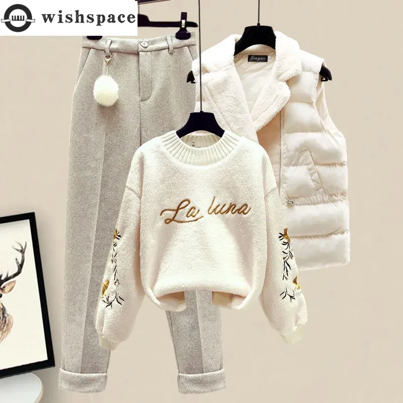 Top Trends: Thickened Cotton Jacket Vest Knitted Long Sleeved Sweater Pullover Woolen Pants Three Piece Elegant Women&#039;s Pants Set Shoppable Styles