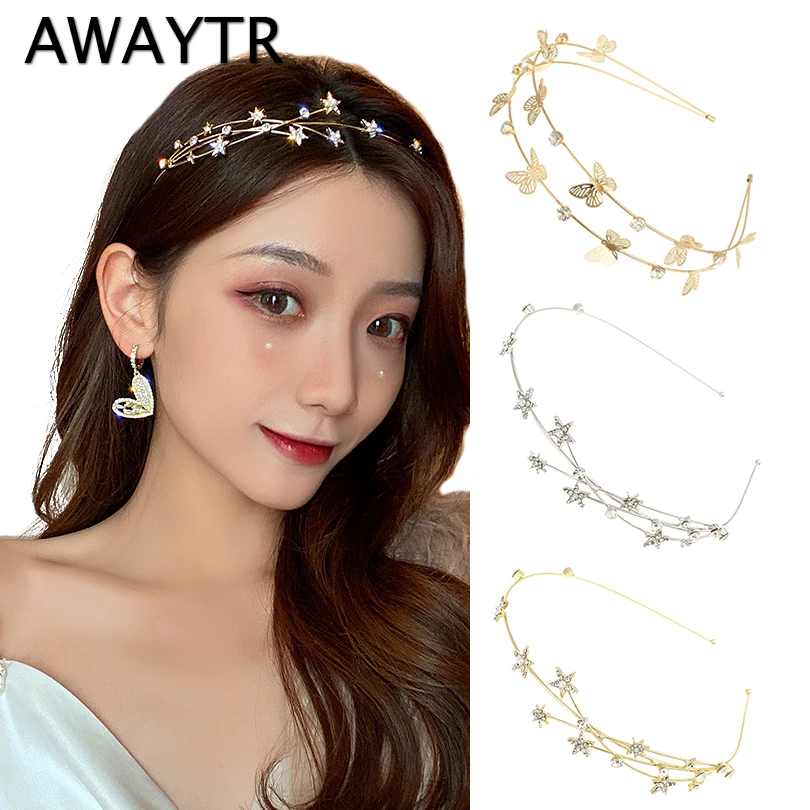 Top Trends: AWAYTR Chic Rhinestone Star Headband For Women Party Hairband Multilayer Pearl Butterfly Hair Hoop Bezel Girls Hair Accessories Shoppable Styles