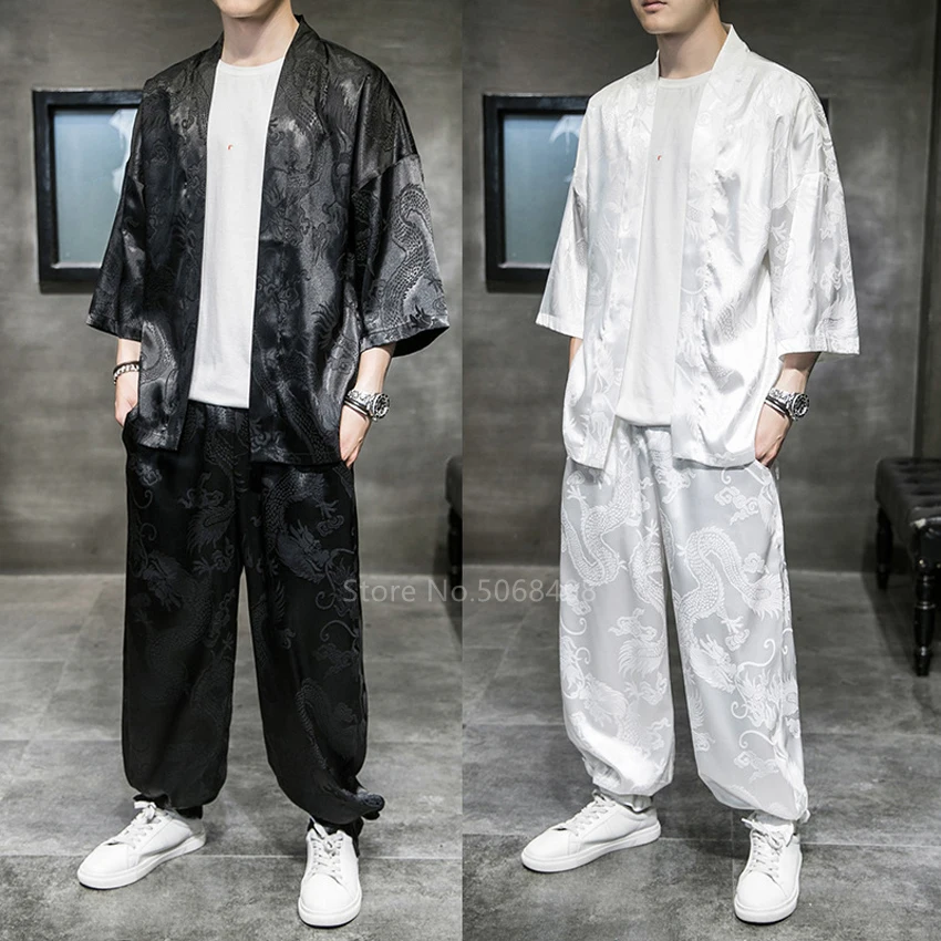 Top Trends: Japanese Style Vintage Kimono Haori Pants Set Men Sliver Traditional Bottom Harajuku Streetwear Samurai Cardigan Costume Yukata Shoppable Styles