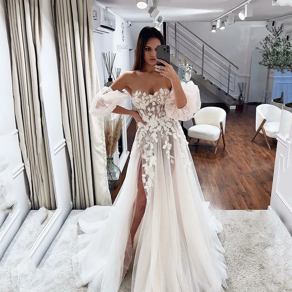 Top Trends: SoDigne Sexy A Line Wedding Dresses For Bride Elegant Lace Flower Lace Boho Wedding Gowns High Split Princess Bridal Dresses Shoppable Styles