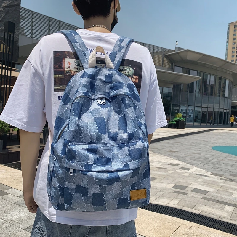 Top Trends: 2021 Unisex Jean Plaid Laptop Backpack Travel Denim Daily Backpack High Capacity Casual Shoulders Bag Korean Fashion Schoolbags Shoppable Styles