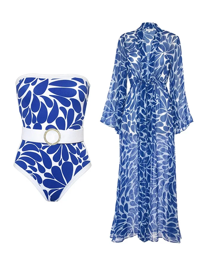 Top Trends: Bandeau Printed 2023 Beach Outfits For Women One Piece Swimsuit With Belt And Cover Up Kaftans For Mujer Luxury Sexy New Kimono Shoppable Styles