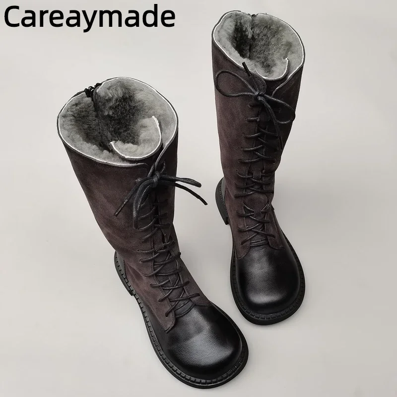 Top Trends: Careaymade-Genuine Leather Big Head Wide Edition Women's Boots Long High Tube Round Cowhide Lace Up Fat Foot Single Cavalry Boot Shoppable Styles