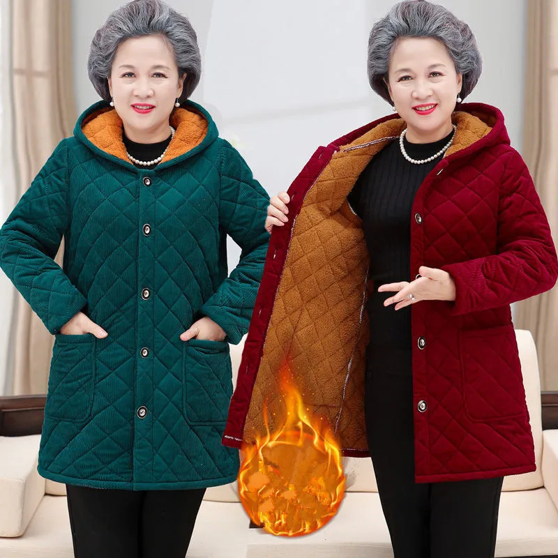 Top Trends: Casual Plus Velvet Thicken Coat Women Hooded Middle Aged Mother Winter Jacket Cotton Padded Grandma Parkas Doudoune Femme Shoppable Styles