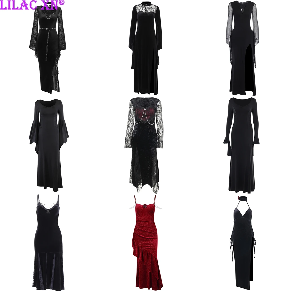 Top Trends: Sexy Elegant Lace Flared Long Sleeve High Split Maxi Dresses Vintage Black Velvet Chain Patchwork Bodycon Long Dress Grunge Robe Shoppable Styles