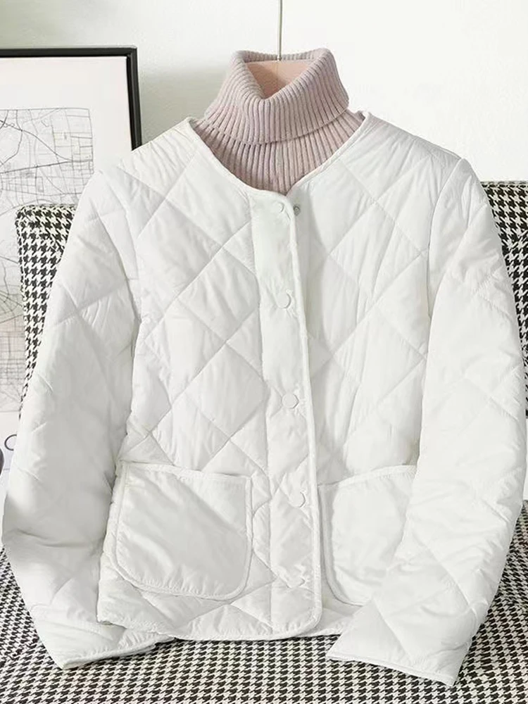 Top Trends: Winter Solid Rhombic Lattice Quilted Jackets Women's Stand Collar Single-Breasted Pockets Cotton Coat Warm Office Lady Outerwear Shoppable Styles